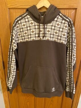 adidas Originals Brown & White Plaid Trefoil Pullover Hoodie Size Large